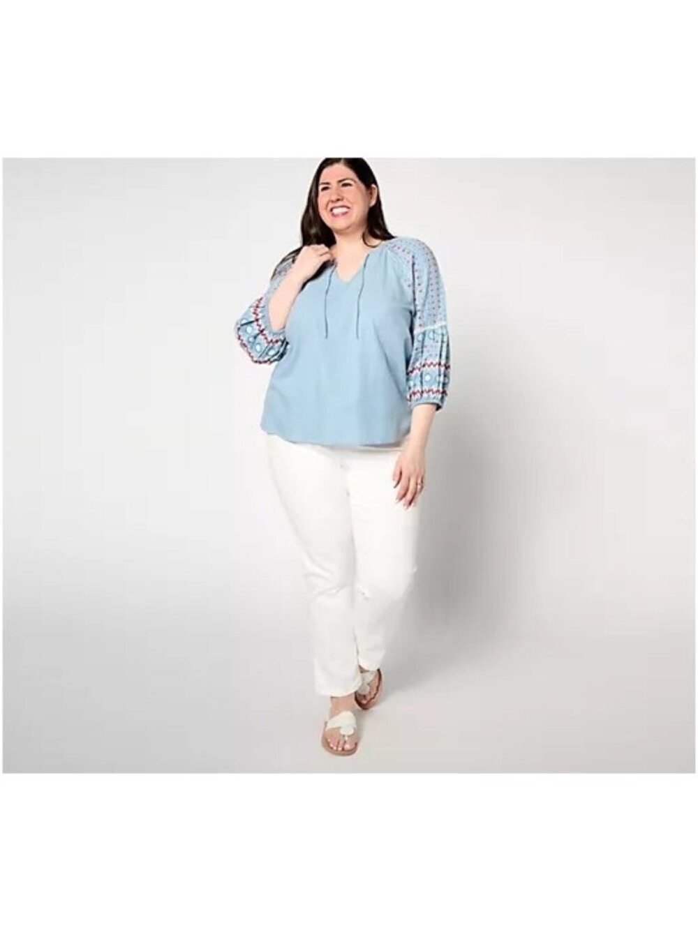 Denim & Co Canyon Retreat Split Neckl Top Embroidered Sleeve 1X Blue